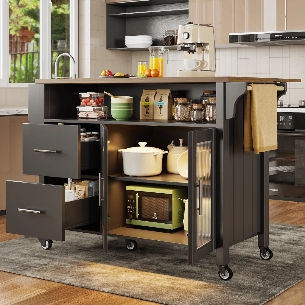 Isola Cucina con Vetrina LED e Ruote ¨C MINIMAL ¨C Nero, Legno