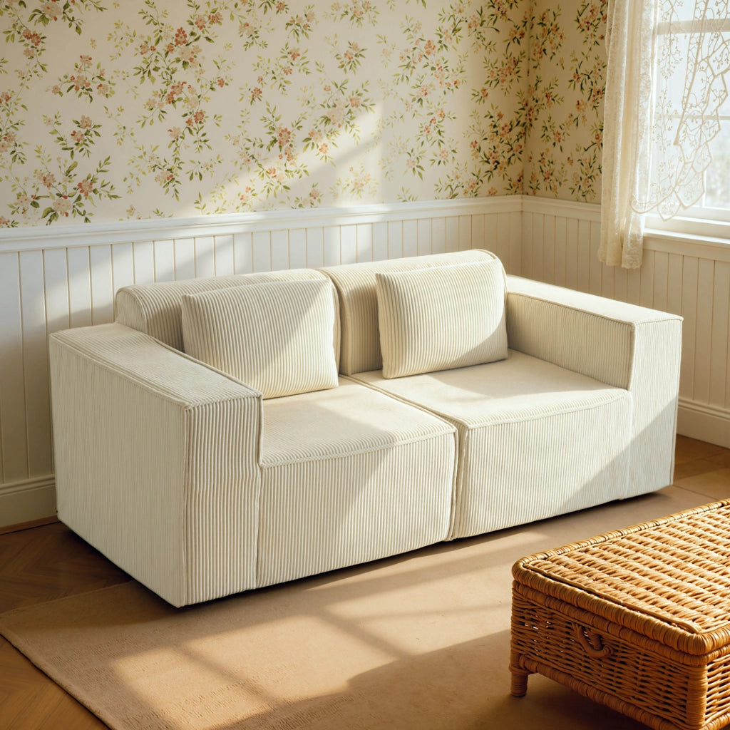 Divano 3 Posti Modulare con Braccioli Larghi e Cuscini in Velluto ¨C Minimal ¨C Beige