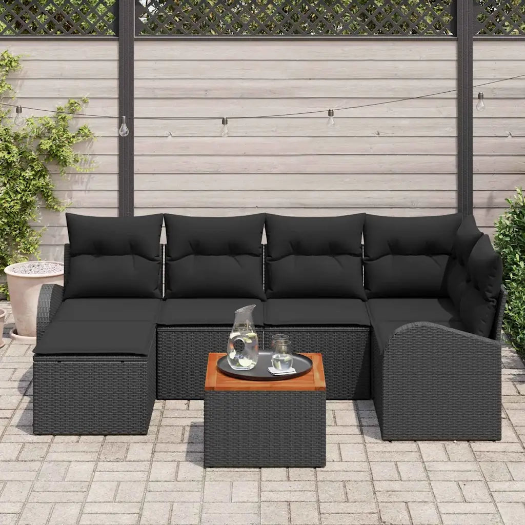 Set Divano da Giardino con cuscino 7 pcs Nero polyrattan