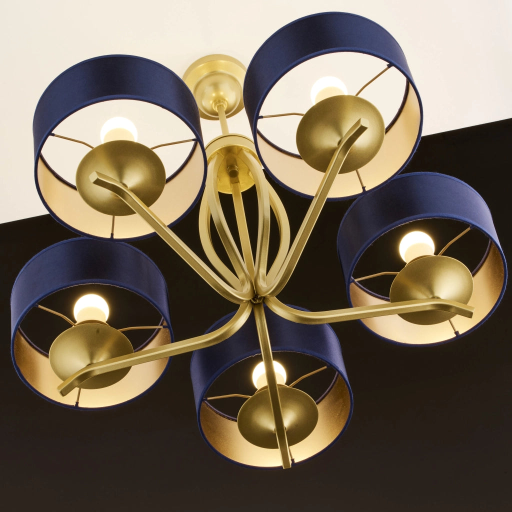 Lampadario classico oro 5 luci paralumi blu E27 Jupiter