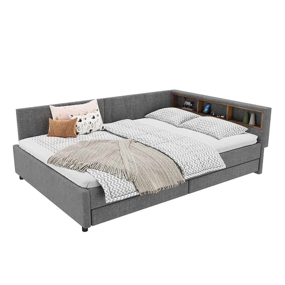 Daybed-Xylo-140x200 cm-LED, USB-C, 2 cassetti, lino grigio