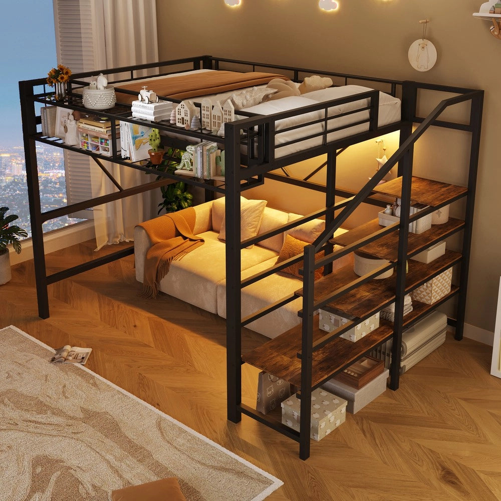 Letto a Soppalco con LED ¨C MINIMAL ¨C Metallo Nero 140x200, Gradini, Contenitore
