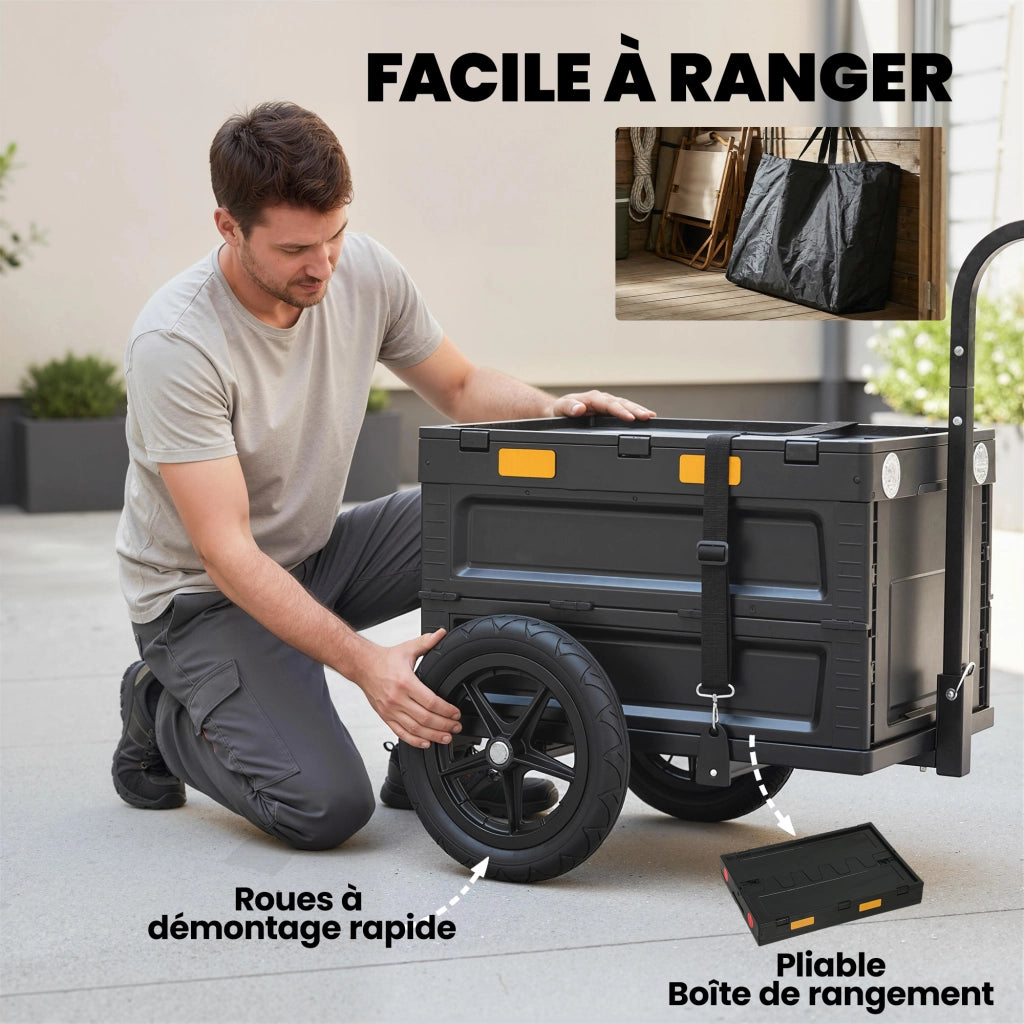 Rimorchio per Bicicletta Cargo Pieghevole ¨C Xylo ¨C Cassone Plastica 65L con Coperchio 145x51,5x72cm Nero