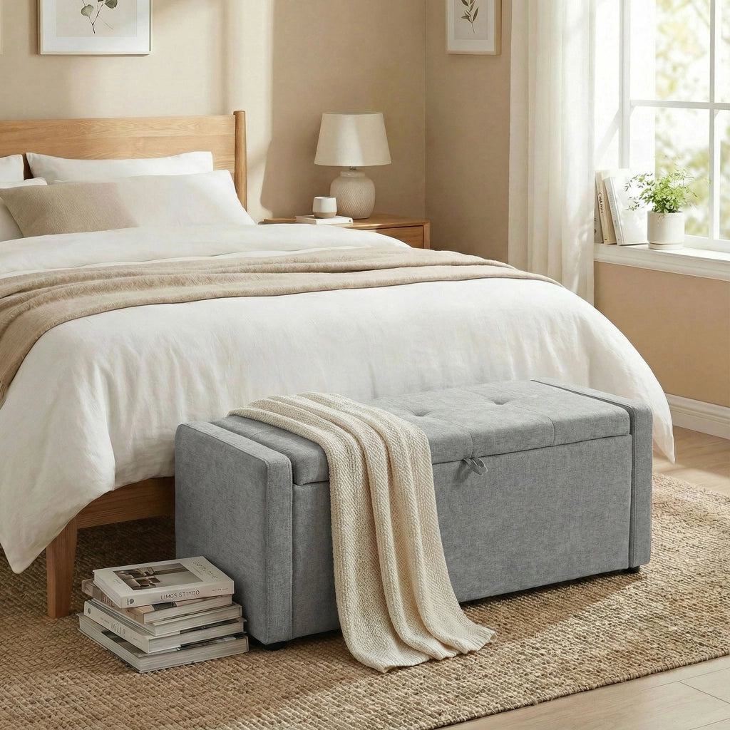 Cassapanca Pouf Contenitore ¨C Minimal ¨C Tessuto Grigio Chiaro 142L