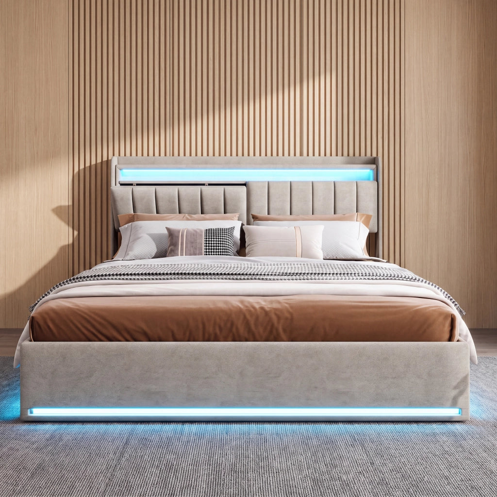 Letto matrimoniale 160x200 con contenitore;letto matrimoniale contenitore con testiera LED;struttura letto matrimoniale imbottita in velluto grigio