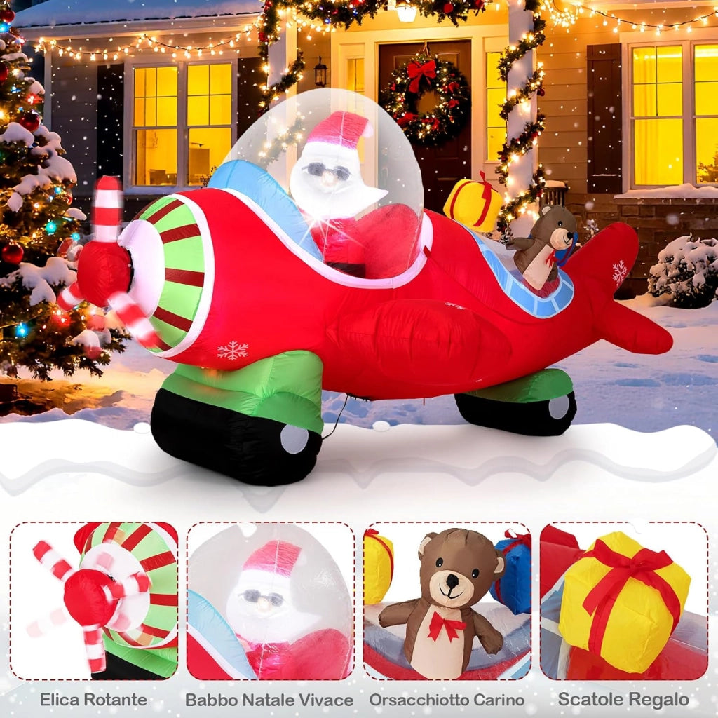 Babbo Natale Gonfiabile su Aereo 120 cm, Decorazione Natalizia da Esterno con Orsetto, Scatole Regalo e Luci LED, Decorazione Gonfiabile Invernale per Festa, per Giardino, Cortile e Casa