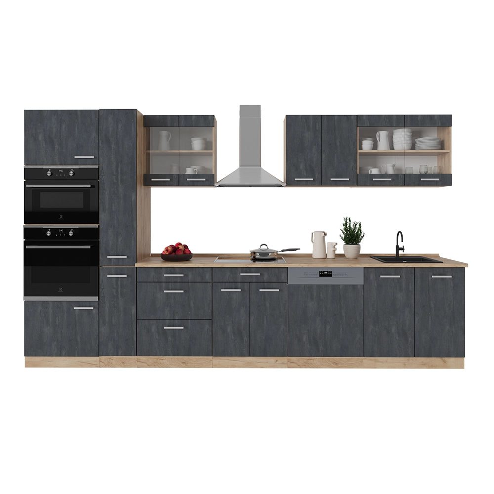 Vicco Cucina completa Calcestruzzo nero/quercia dorata 350 cm , PL Marmo