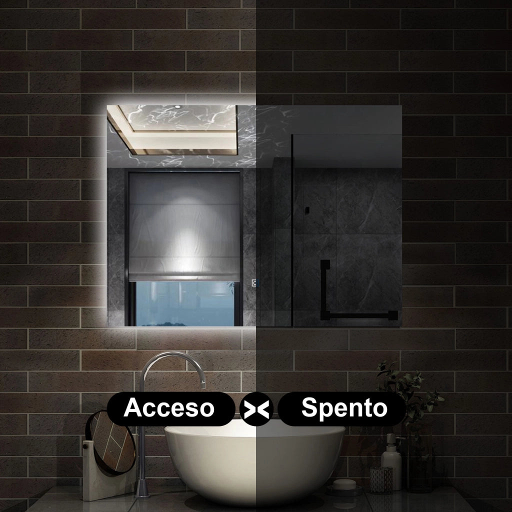 specchio 80 x 60 cm rettangolare con luce led antiappannamento e touch