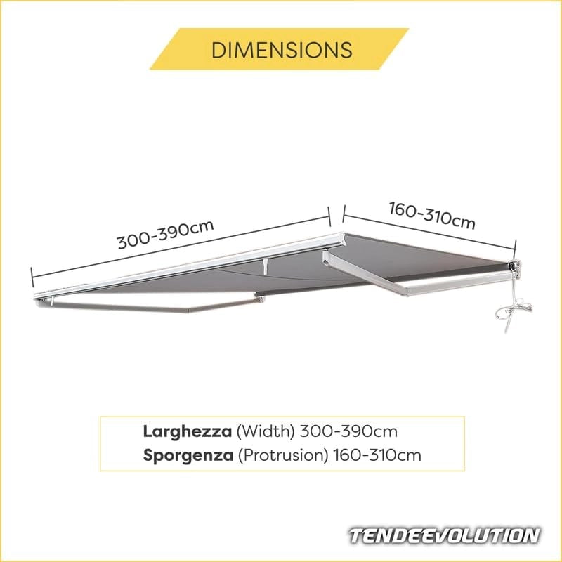 Tenda da Sole a Bracci Estensibili Tempotest Para', col. Blu 10, Largh. 3,6m x Sporgenza 1.60m con Mantovana Ondulata - Arganello Destro