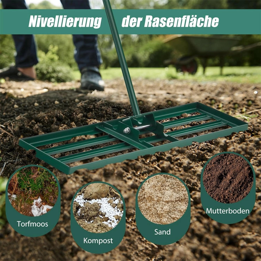 Rastrello Livellatore per Prato 170 cm, Raschietto Livellatore in Metallo Robusto con Manico Lungo e Spesso, Livellatrice per Terreno, Ghiaia, Orto ed Erbacce da Giardino (75 x 25 cm, Verde)