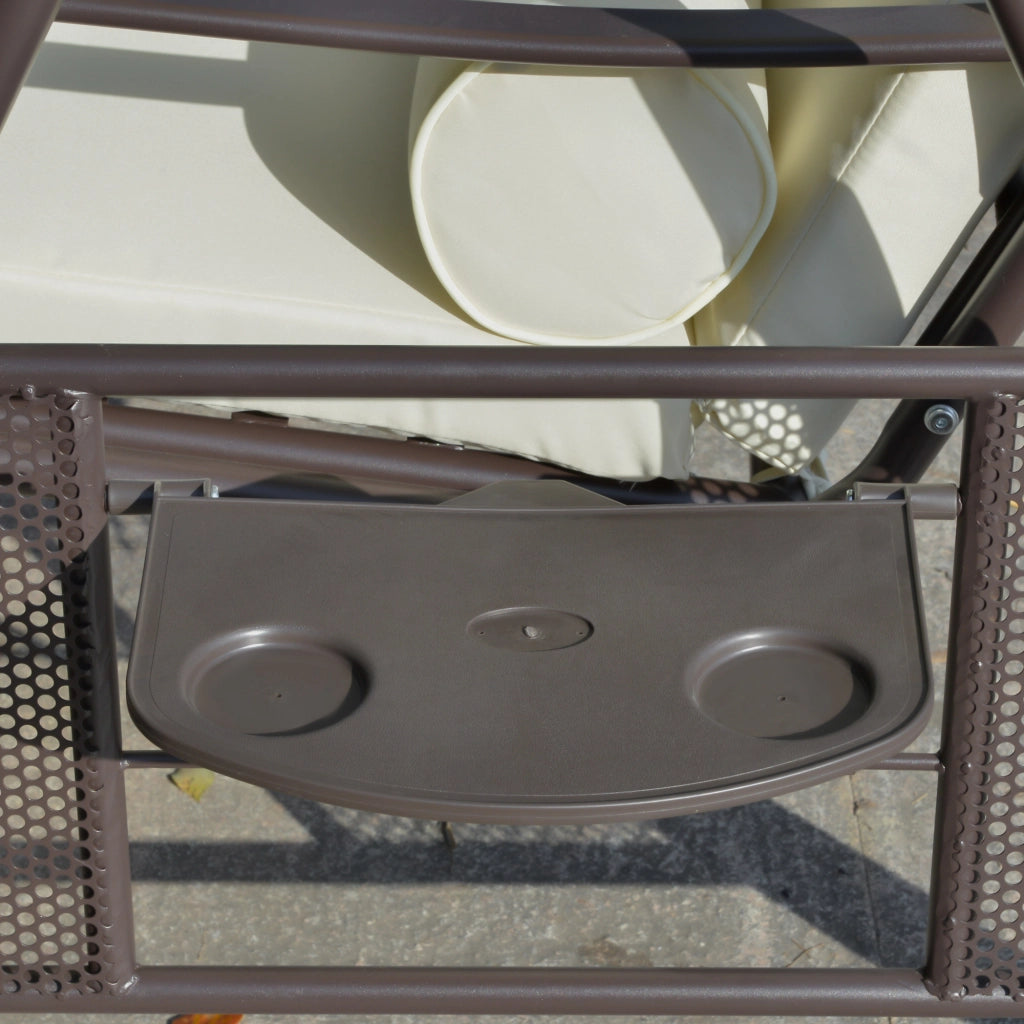 Altalena da portico due posti con tendone solare cuscini morbidi vassoio integrato telaio metallico rivestimento poliestere beige per giardino