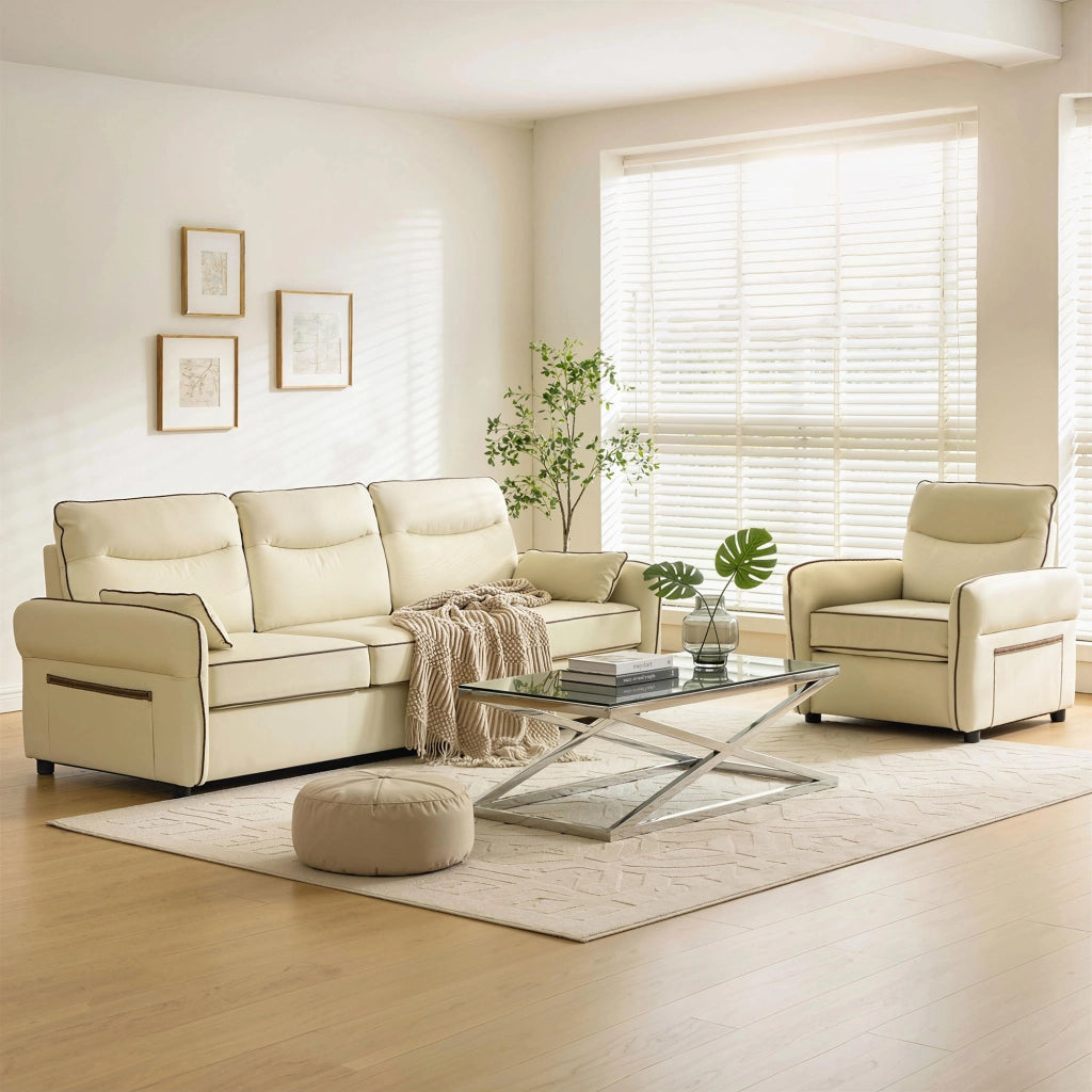 Divano 2 Posti in Similpelle Imbottito con Cuscini e Tasca Laterale ¨C Xylo ¨C Beige 136x81x90 cm