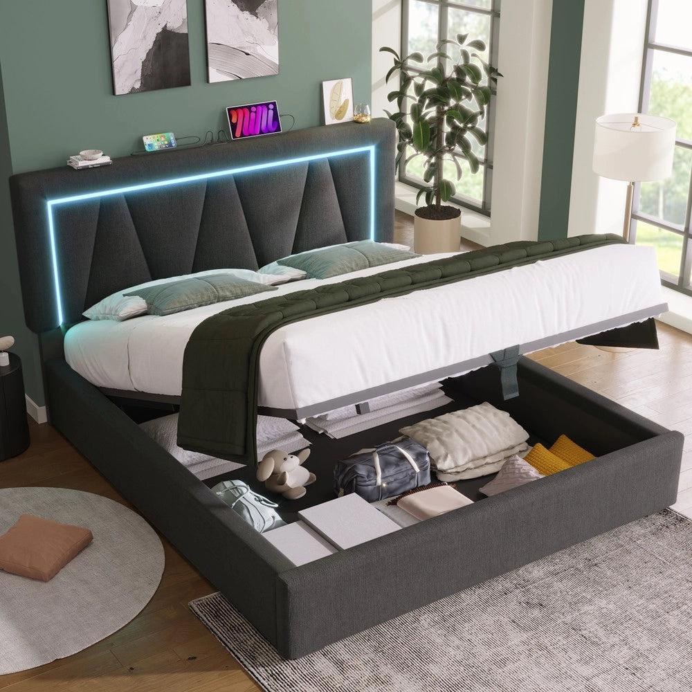 Letto Contenitore Imbottito LED 160x200 con USB ¨C Xylo ¨C Tessuto Lino