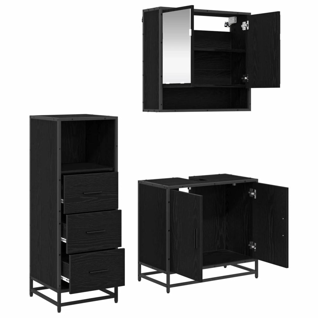 Set di mobili per il Bagno | Armadio da bagno 3 pz Rovere Nero Legno multistrato