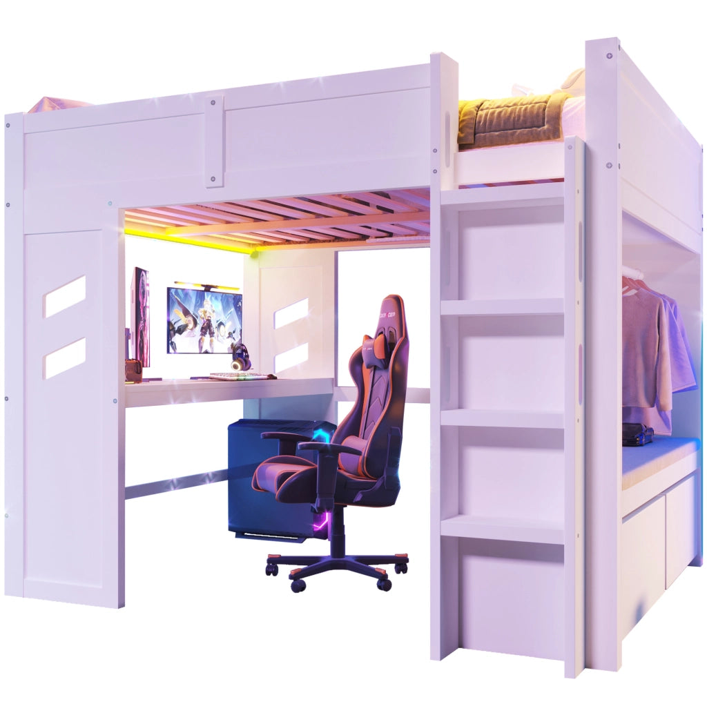 Letto a soppalco 140x200 cm con scrivania; LED; USB-C; cassetti e appendiabiti; bianco