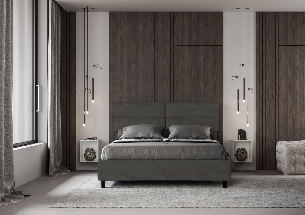BS COM Letto matrimoniale con rete imbottito 160x190 microfibra grigio