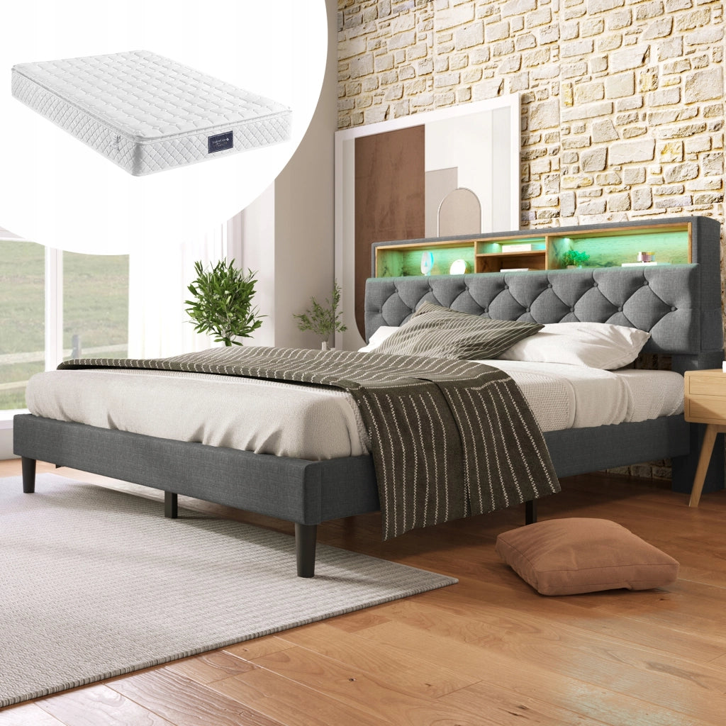 Letto imbottito 140x200 grigio con LED (con materasso) - Xylo