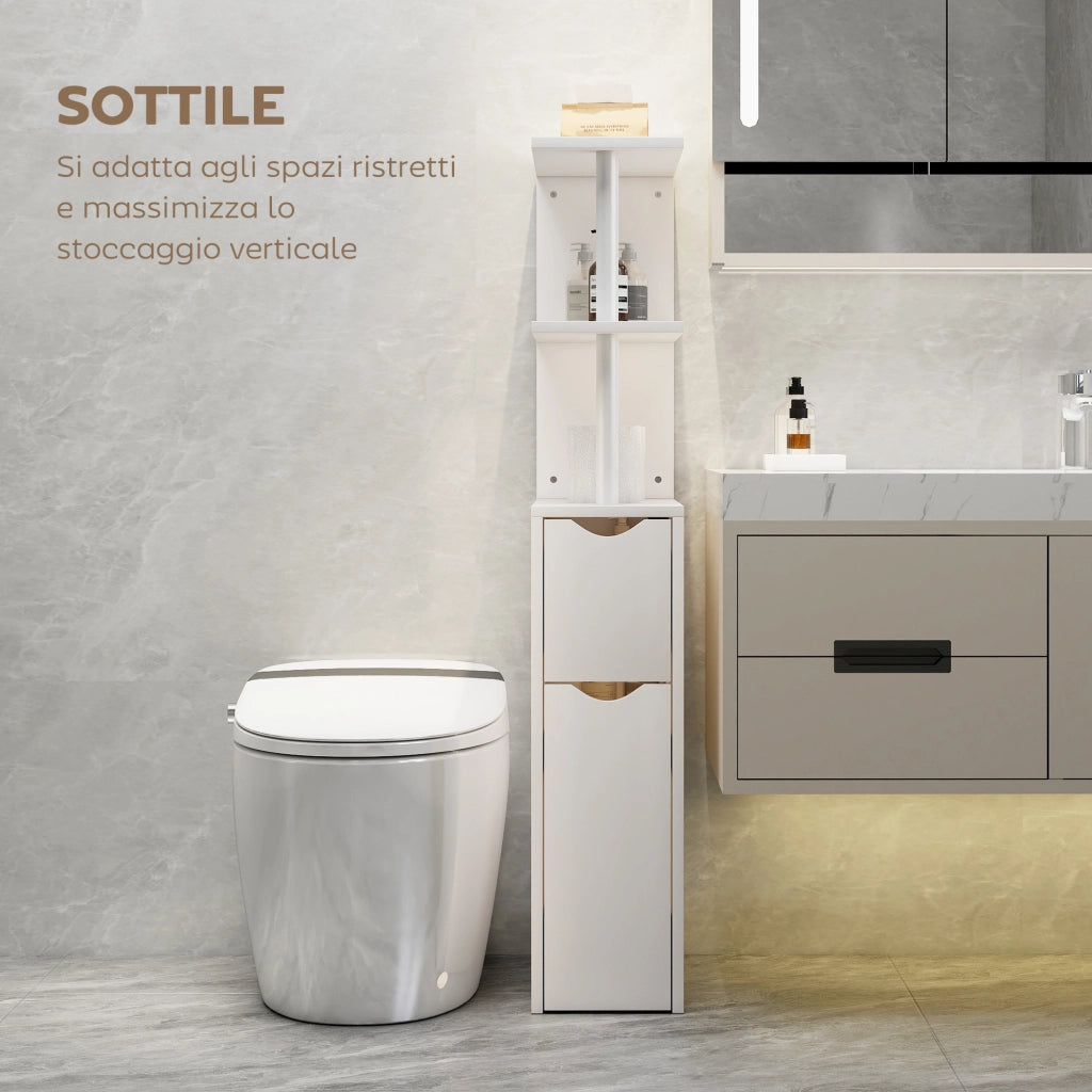 Colonna Bagno Salvaspazio 20x45x115 cm con 2 Cassetti e Ripiani Aperti in Legno Bianco