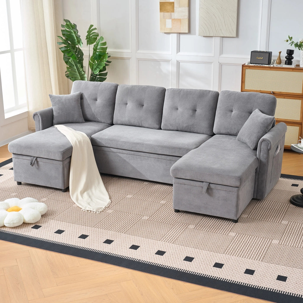 Divano letto angolare 4-5 posti con contenitore e tasca laterale in chenille grigio