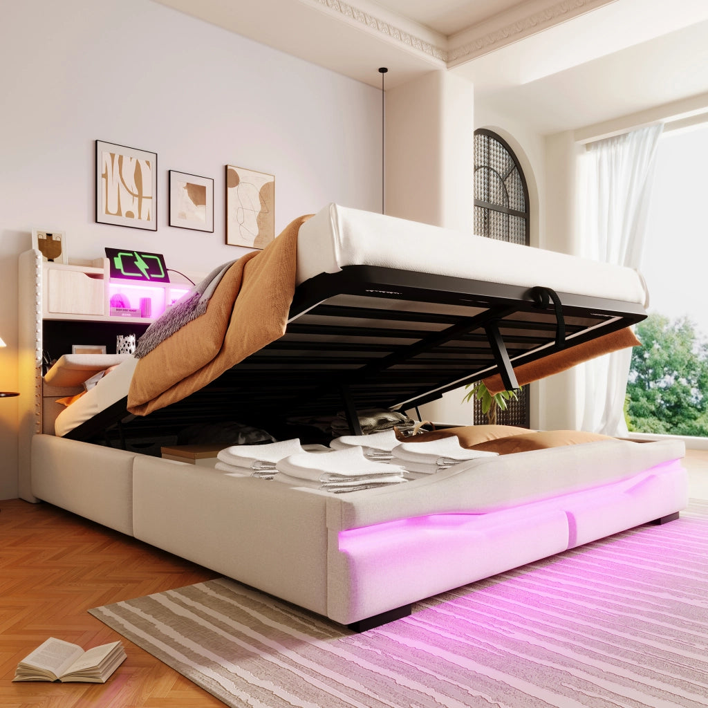 Letto Imbottito Contenitore con LED e USB ¨C MINIMAL ¨C 160x200, Beige, Idraulico