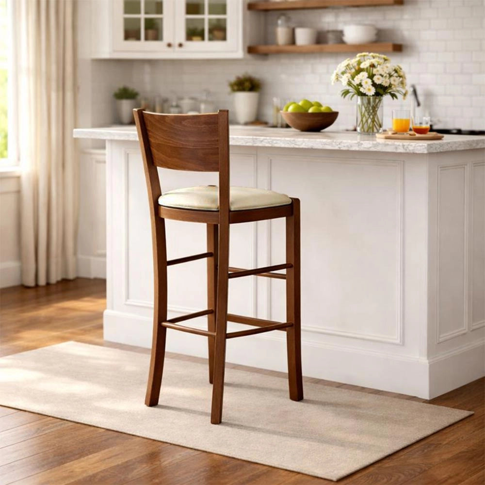 Sgabello alto bar lucy in legno noce scuro h 73 con seduta in ecopelle beige