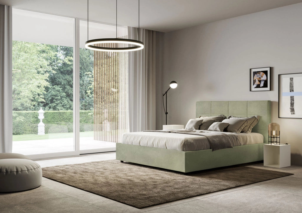 Letto queen size con rete imbottito 150x200 microfibra sabbia Mika