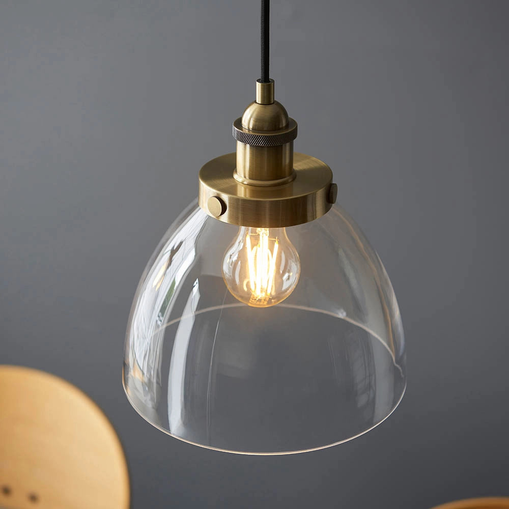 Lampada a sospensione industriale ottone anticato vetro 3xE27