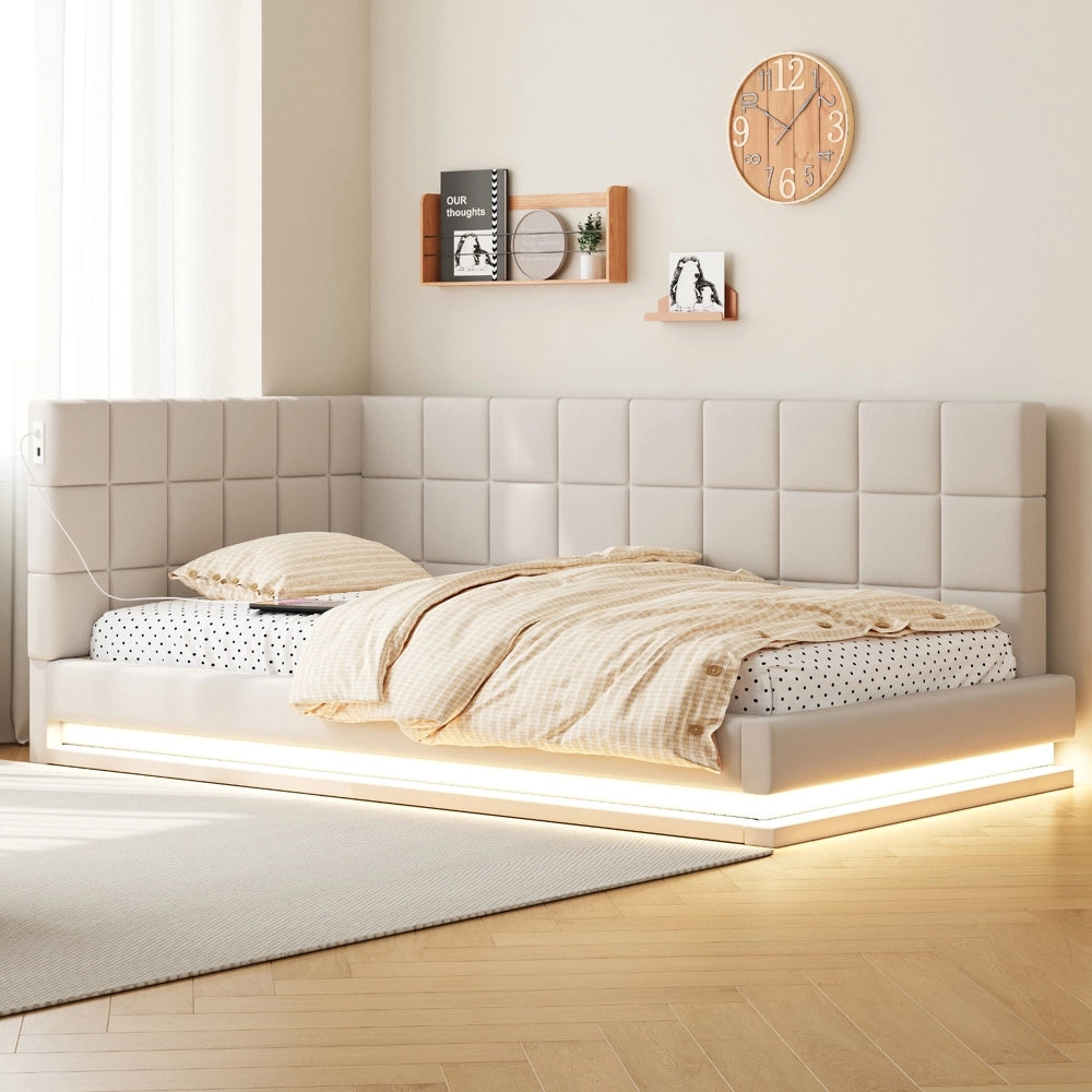 Divano letto 90x200cm - Xylo - velluto beige, LED, USB, doghe
