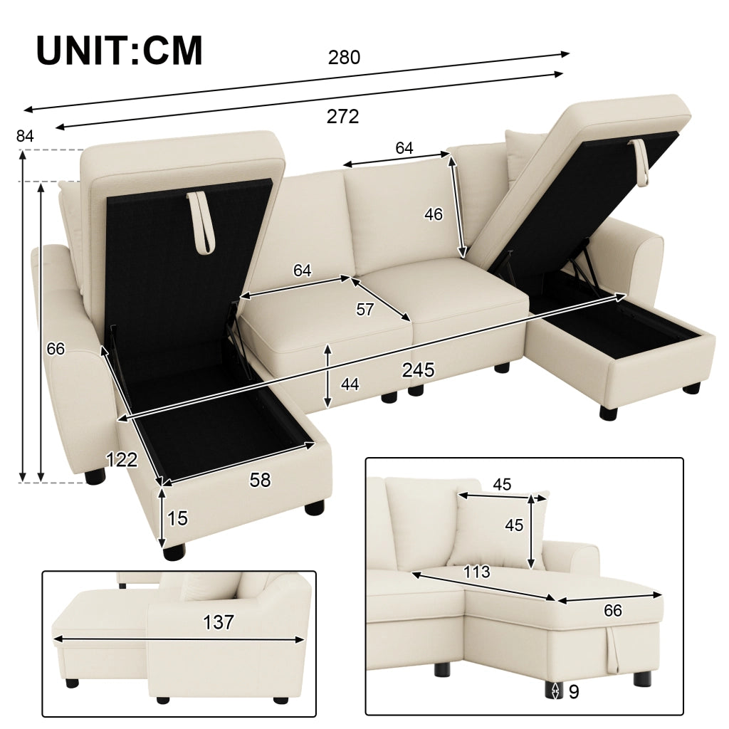 Divano panoramico a U modulare con contenitore e cuscini in chenille beige 280 × 137 × 84 cm
