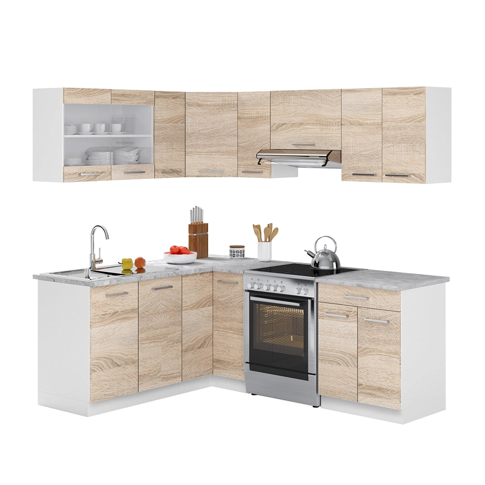 Cucina ad angolo Rick Sonoma/Bianco 207 x 167 cm, PL Marmo con striscia LED Vicco
