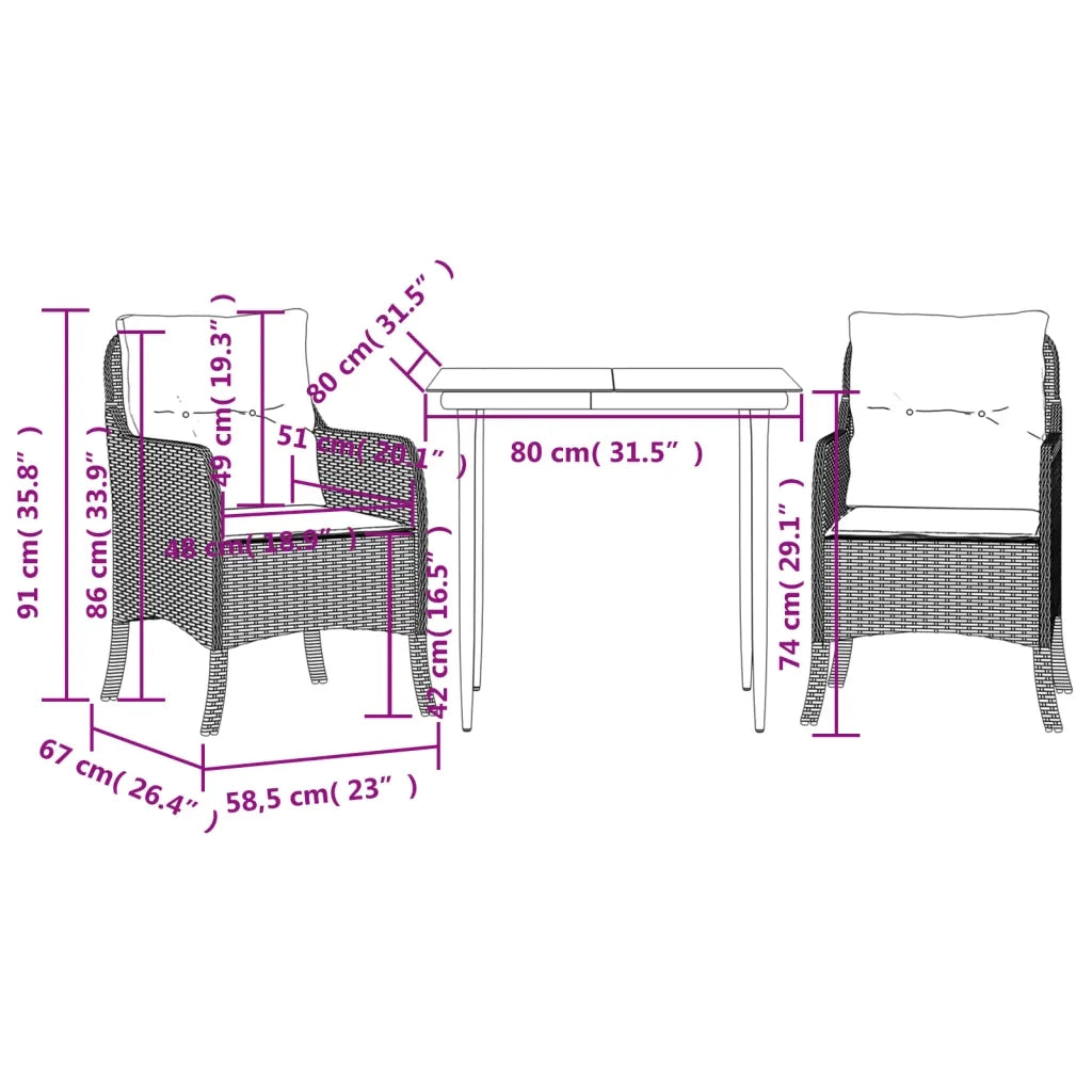 Set da Pranzo da Giardino 3pz | Set Salotto da Giardino con Cuscini in Polyrattan Marrone