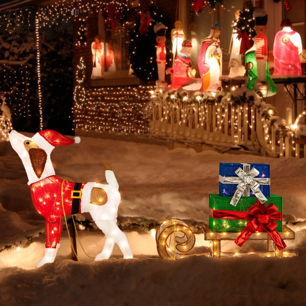 Decorazioni natalizie illuminate con cane slitta luci LED e scatole regalo, Decorazione festosa 78x21x82cm