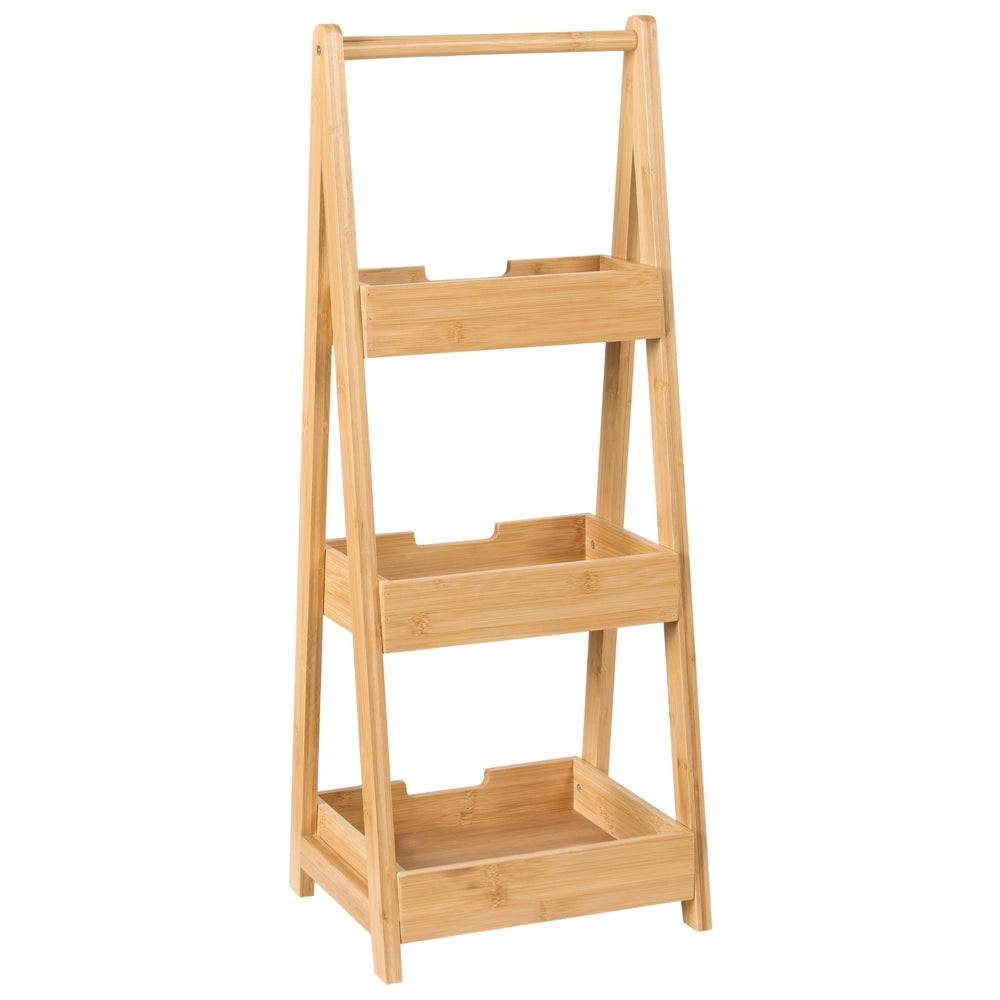 Scaffale da bagno in legno di bambù marrone chiaro a 3 livelli con design a cestello