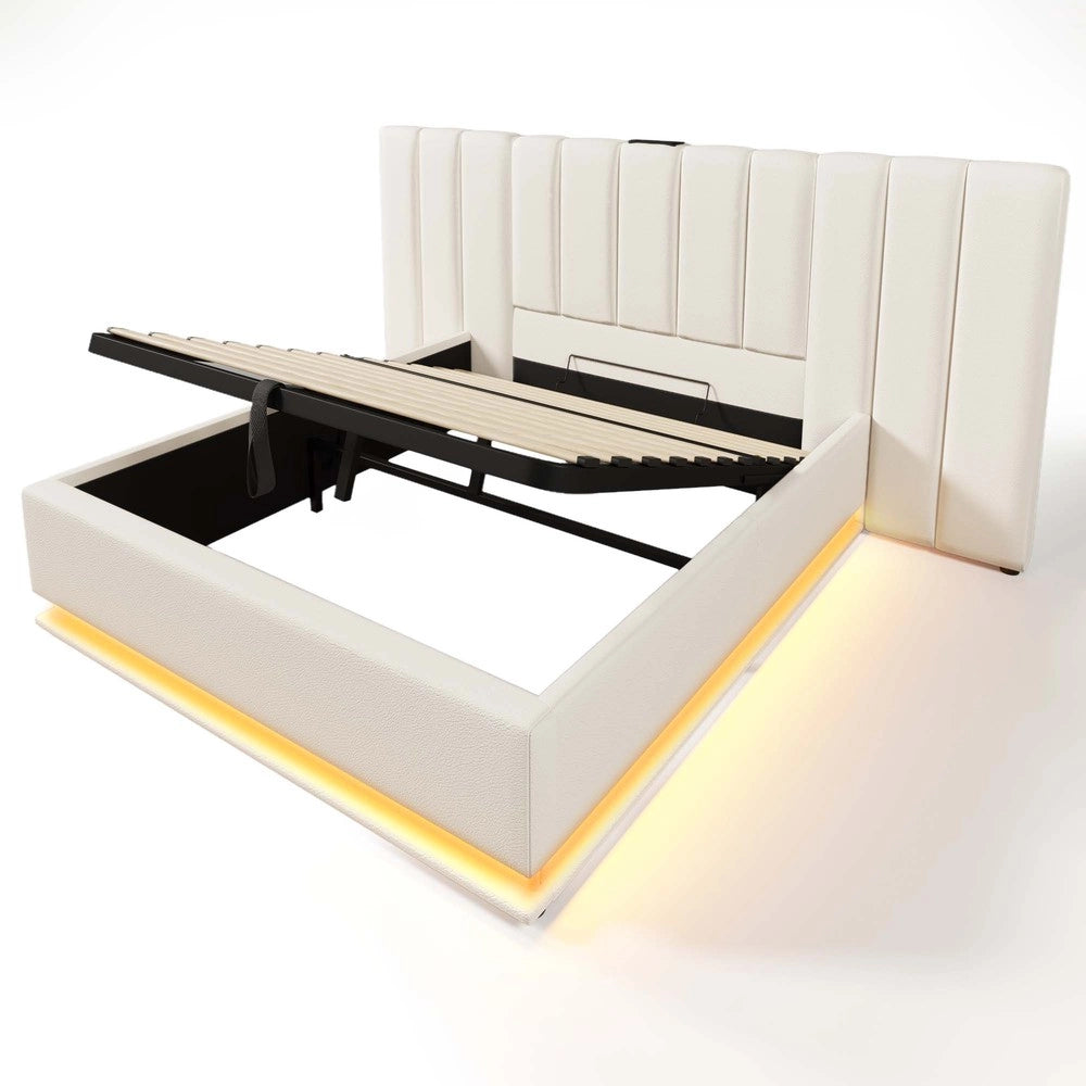 Letto Imbottito Contenitore Matrimoniale con LED e USB ¨C MINIMAL ¨C PU Bianco 180x200