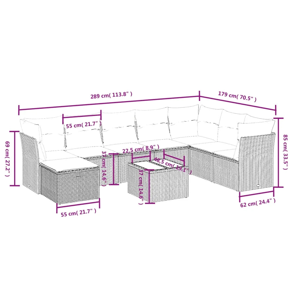 Set Divani da Giardino 9 pz con Cuscini Nero in Polyrattan 3263282
