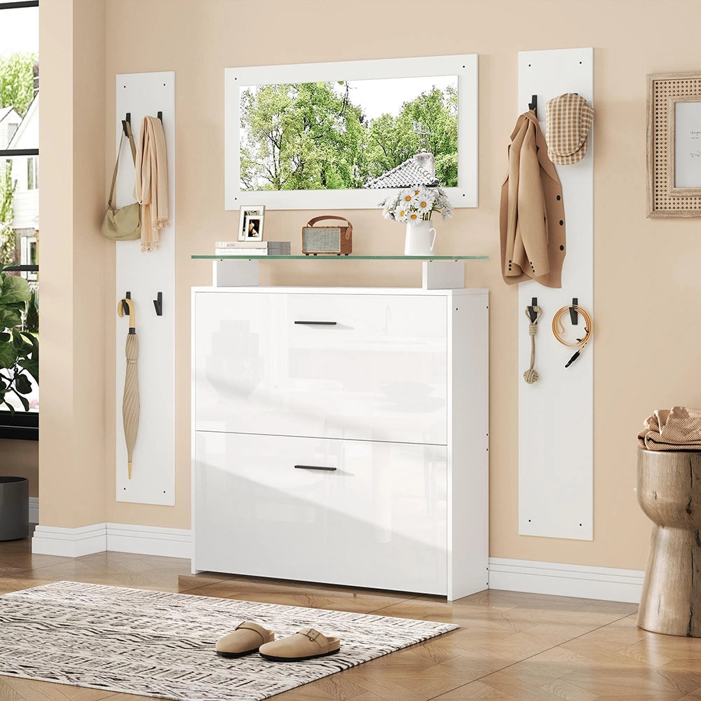 Set Ingresso 4 Pezzi 89.5x23x96.5cm - Xylo - con Specchio e Appendiabiti, Bianco