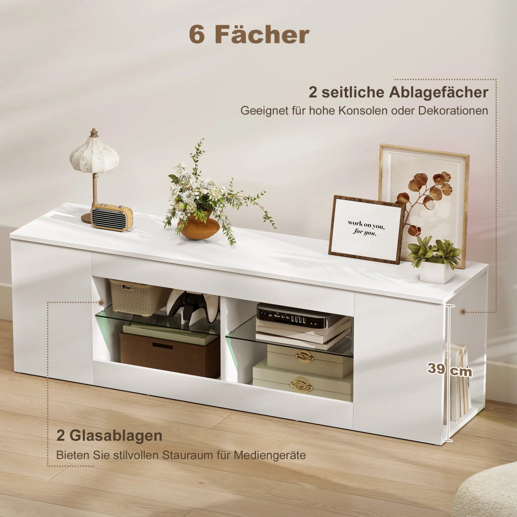 Mobile TV con 6 scomparti e 2 ripiani in vetro ¨C Xylo ¨C Bianco, Truciolato, 140 cm