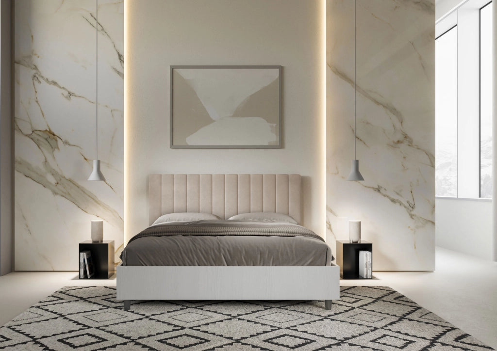 BS COM Letto matrimoniale con rete 160x190 bianco frassino testata microfibra sabbia