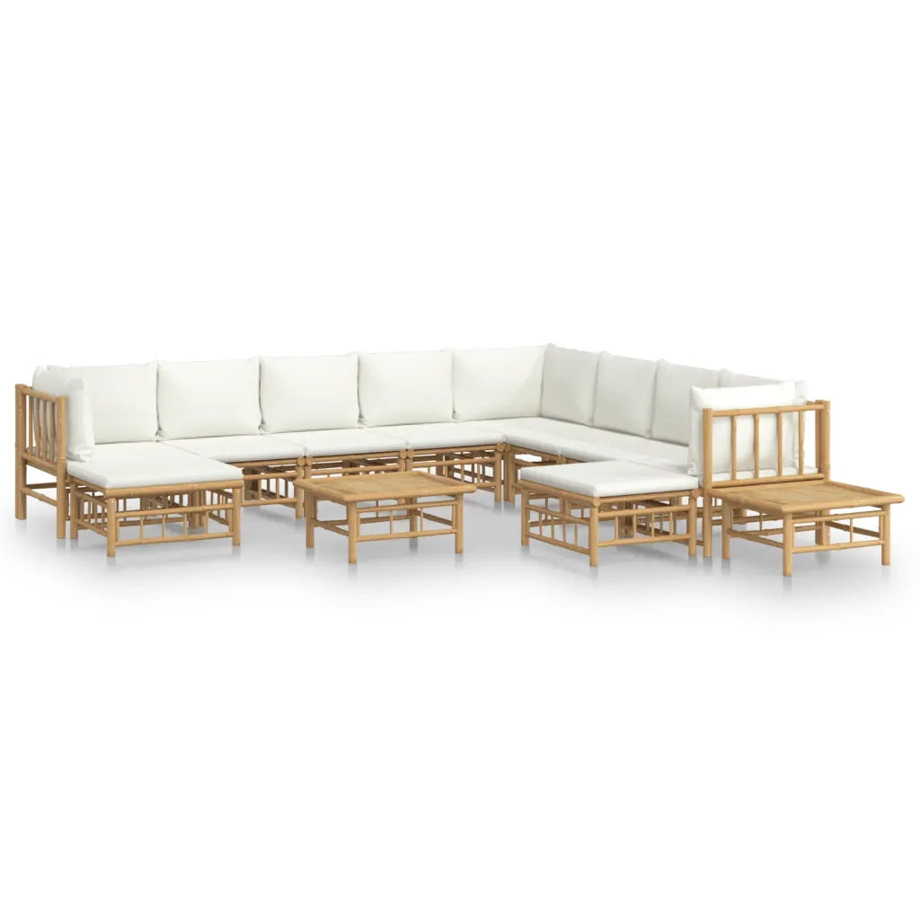 Set Salotto da Giardino 12pz con Cuscini Bianco Crema in Bambù 3155195