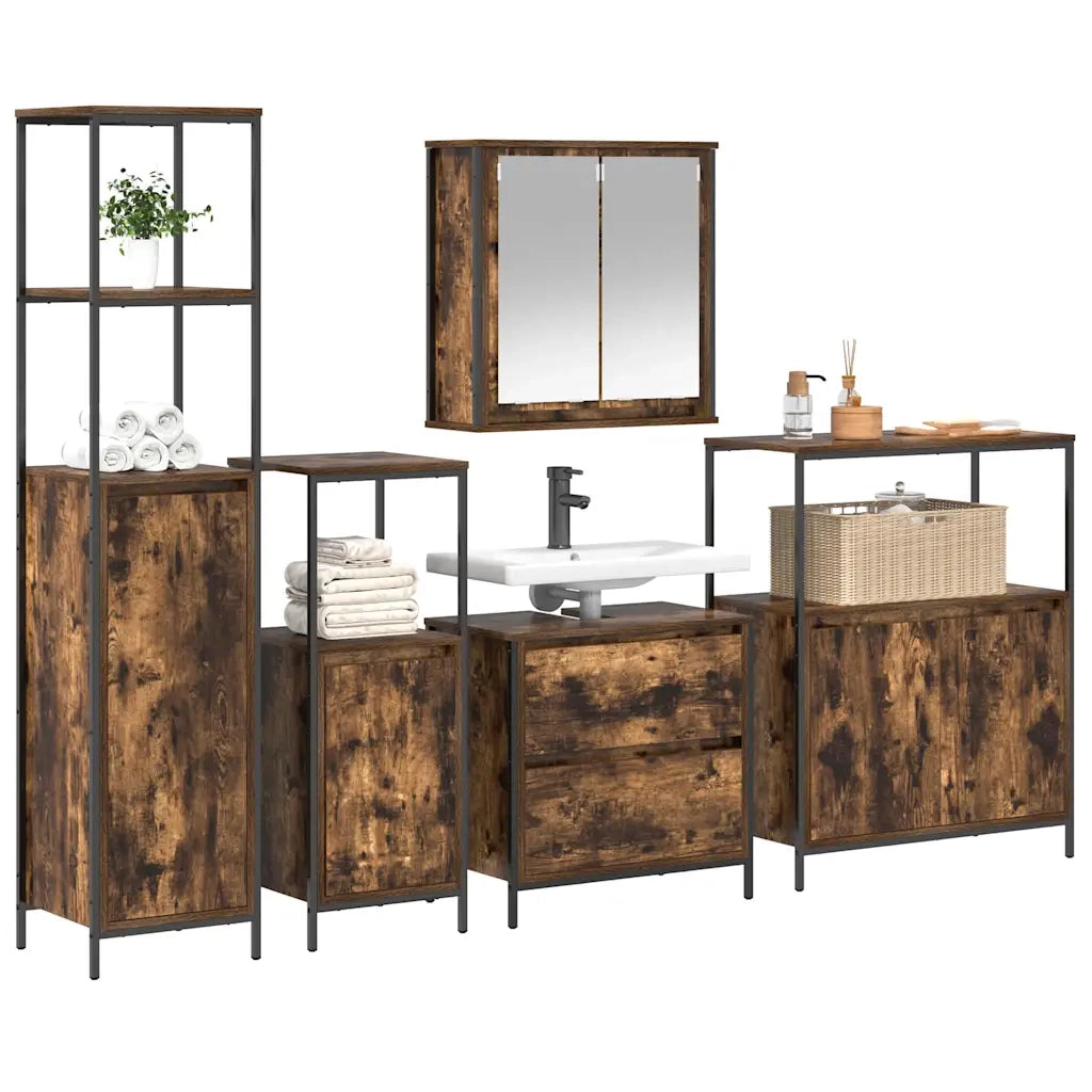 Set di mobili per il Bagno | Armadio da bagno 5 pz Marrone Legno multistrato