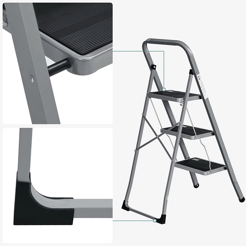 Scala domestica pieghevole a 3 gradini larghezza gradini 20 cm superficie antiscivolo con corrimano portata 150 kg acciaio grigio 12_0005324