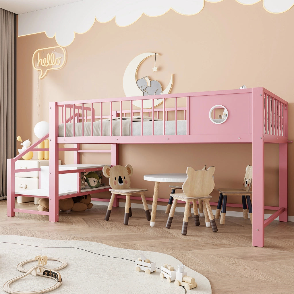 Letto basso per bambini rosa 90 x 200 cm; struttura metallica robusta; scala con riposticulo; per bambini e adolescenti