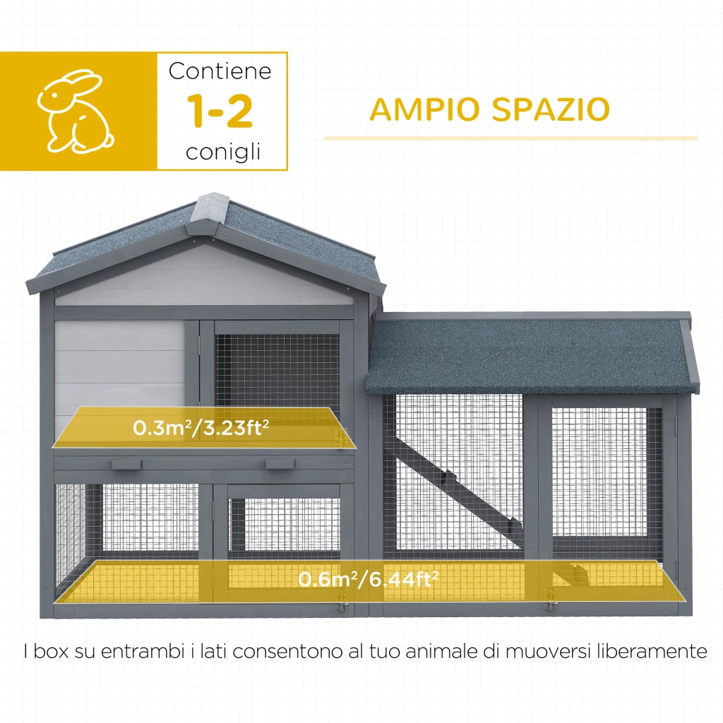 EasyComfort Conigliera Gabbia per Conigli in Legno da Esterno con Casetta, Spazio Aperto Recintato e Tetto 147x54x84cm