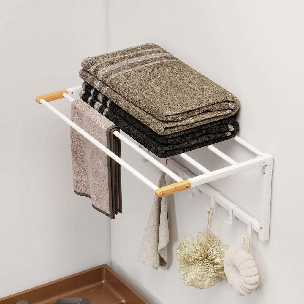 Portasciugamani a Parete Pieghevole ¨C Xylo ¨C Legno e Acciaio, 5 Barre, 6 Ganci, 60x32.5x20 cm, Bianco
