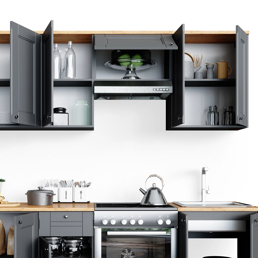 Cucina componibile Bergamo Grigio nobile/Rovere dorato 240 cm, PL Goldkraft con striscia LED Vicco