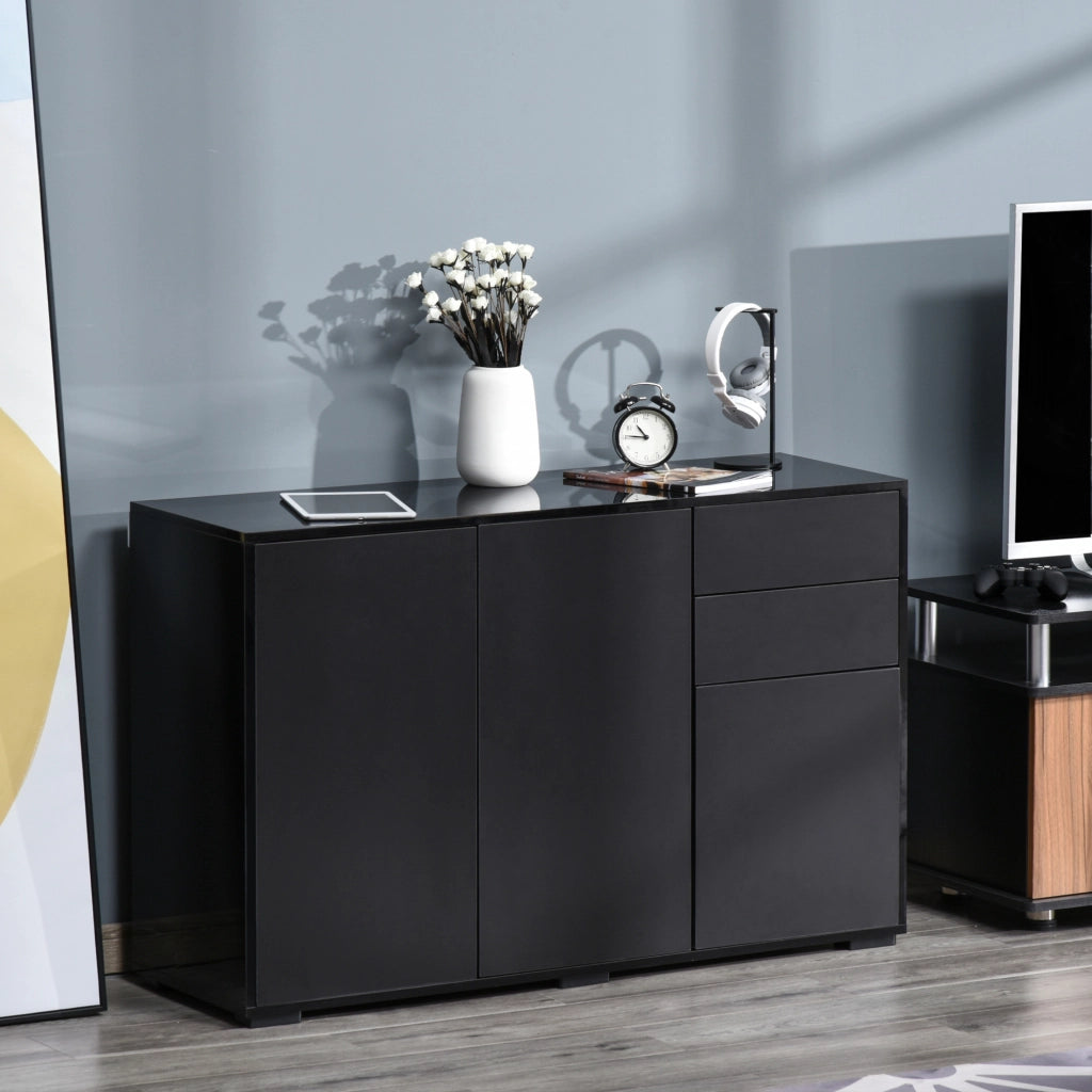 Mobiletto Multiuso Nero con 2 Cassetti e 2 Armadietti ad Apertura a Pressione, 117x36x74cm
