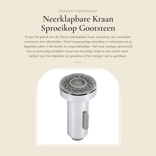 Sproeikop Neerklapbaar con Due Modelli di Sfoglia - Gootsteen Sproeikop - Verchroomd - 2 Modi Sproeier - Alta Qualità - Sicurezza Garantita - Rubinetto da Cucina 

Specifiche tecniche: 
- Modello: 
- Materiale: 
- Dimensioni: 
- Colore: 
- Certificazioni: