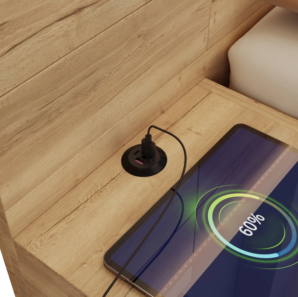 Letto matrimoniale contenitore in MDF naturale con LED; USB e USB-C; con comodini integrati