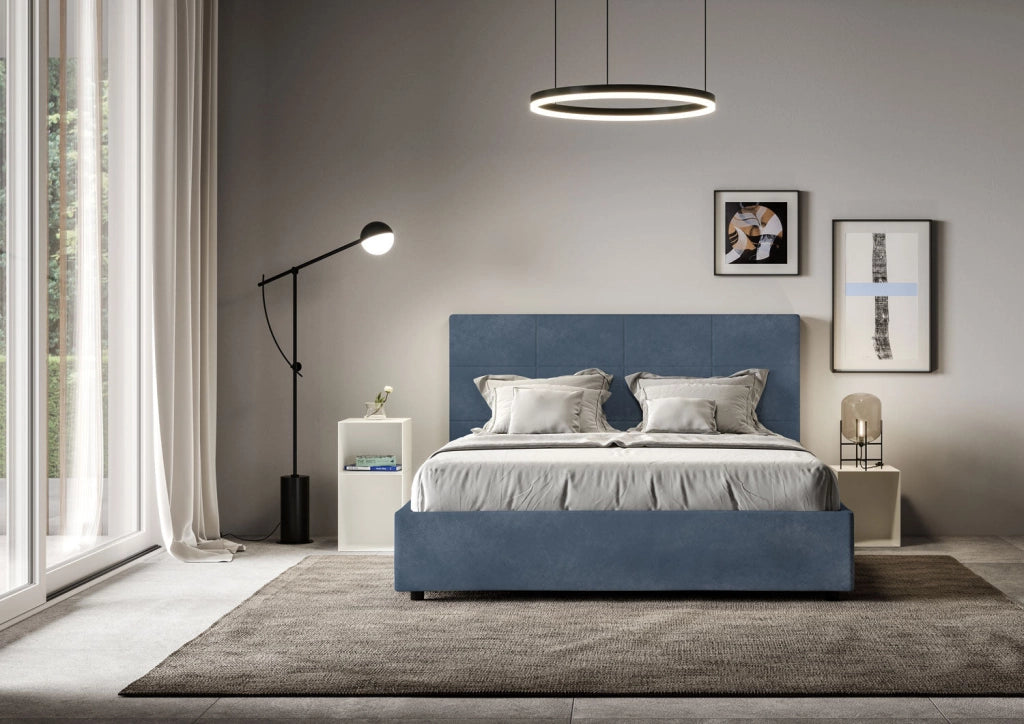 Letto queen size con rete imbottito 150x190 microfibra blu Mika
