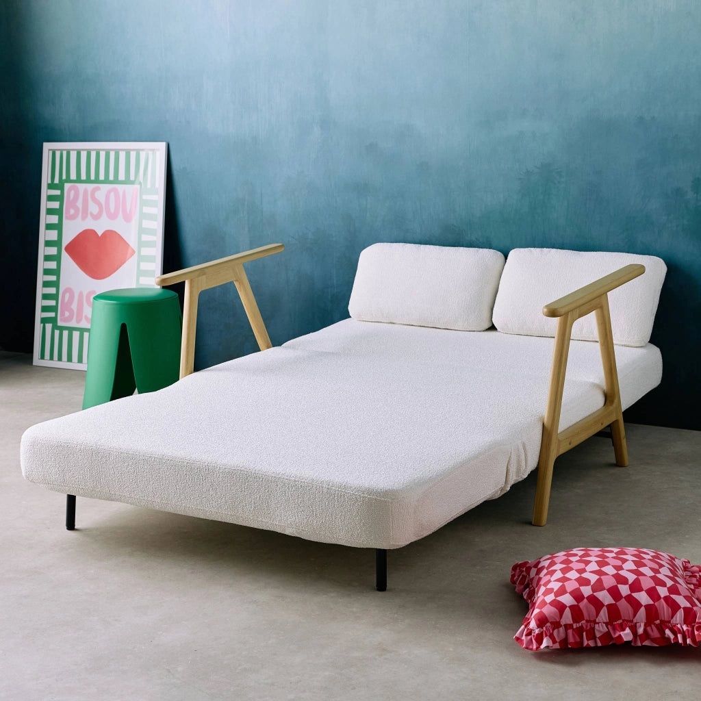 Divano letto convertibile in legno di hevea e bouclé testurizzato, 2